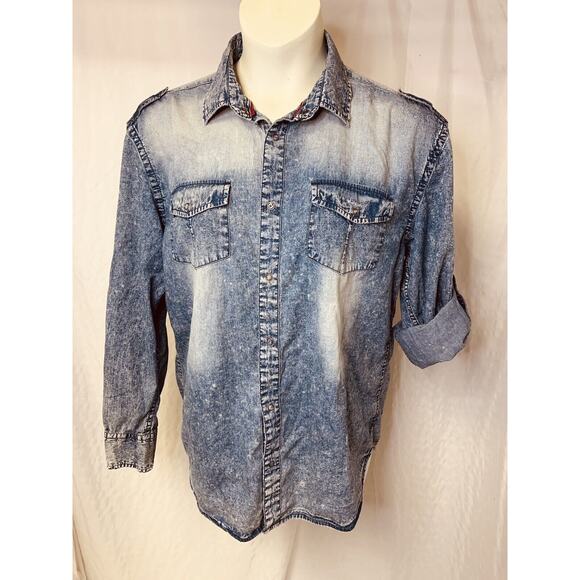 DRILL Clothing Company NYC Snap Distressed Blue 44" Chest Tab Sleeve Splatter - Picture 1 of 16